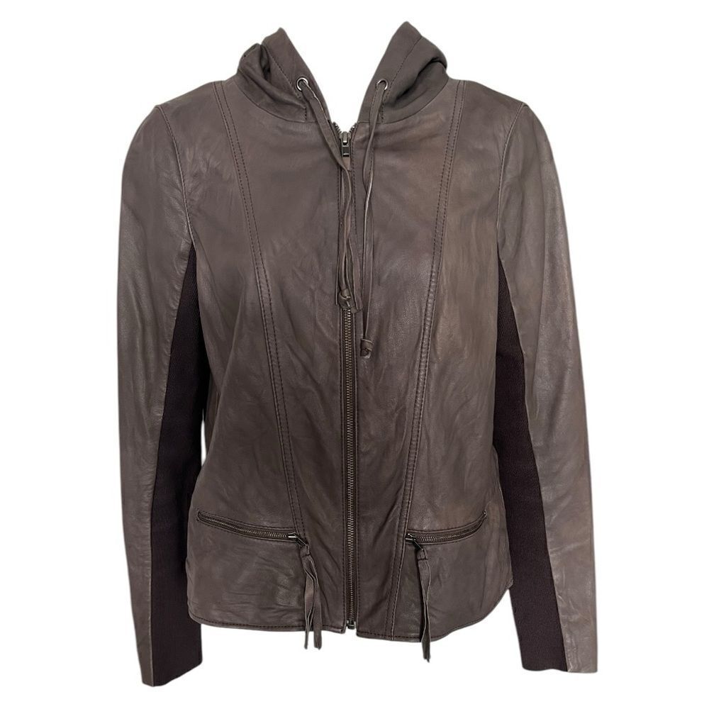HINGE Designed In Seattle Grey 100% Leather Hooded Full Zip Jacket Size S